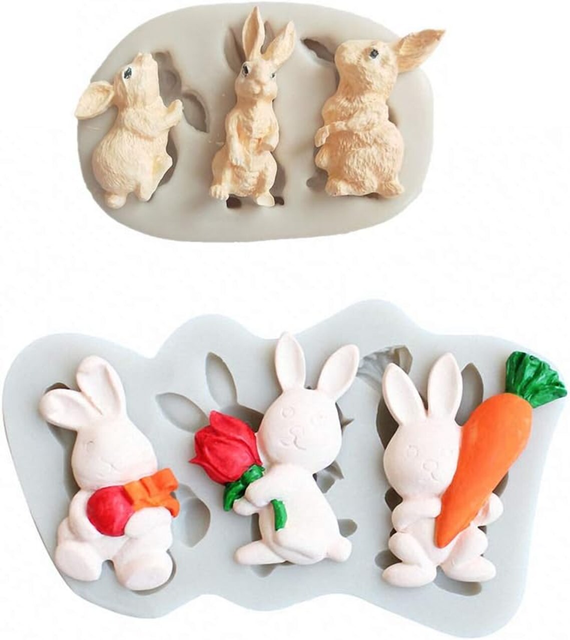 Set of 2 Rabbit Silicone Fondant Mold Easter Bunny Chocolate Candy Gum Paste Mold Cake Sugar Craft Decorating Tools Polymer Clay Mold